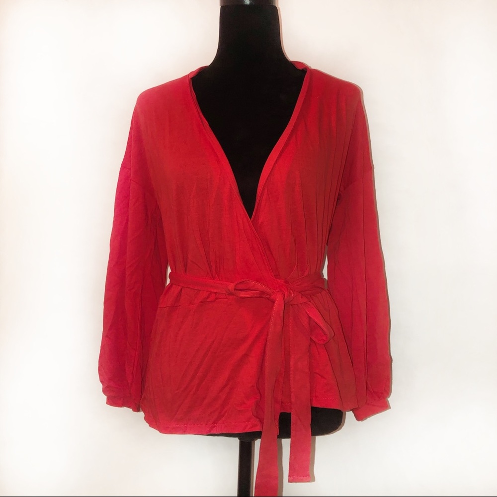 J. Crew Red Wrap Collared Long Sleeve Top, Small